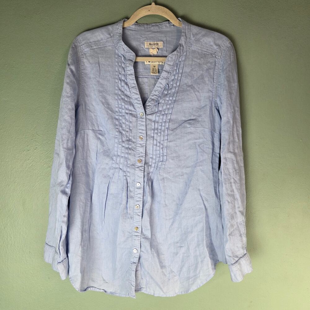 Malvin Hamburg-Germany Womens Light Blue Linen Pintuck Front Blouse Size Medium